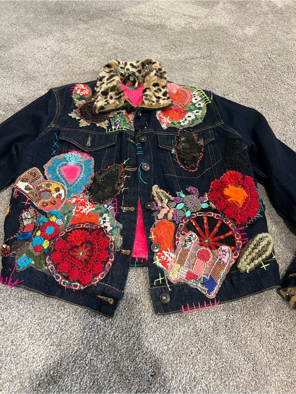 Antica Santoria Embroidered Denim Jacket with Fuschia and Leopard Trim - Picture 14 of 15